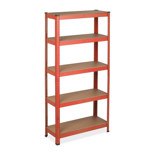 2 x Schwerlastregal zum Stecken, Traglast: 875 kg, 5 flexible Ebenen, Keller & Garage, Stahl, HxBxT: 151x75x30 cm, rot
