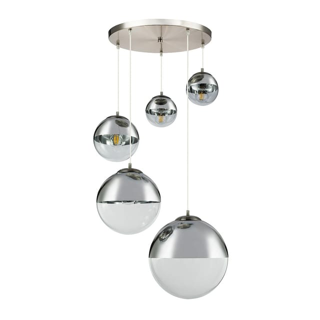 Hängeleuchte Esszimmer Modern Esstischleuchte Glaskugeln 5 Flammig Kugelleuchte Glas Groß, Nickel-matt Klar Chromfarben, 5x E27, Dxh 65x150 Cm