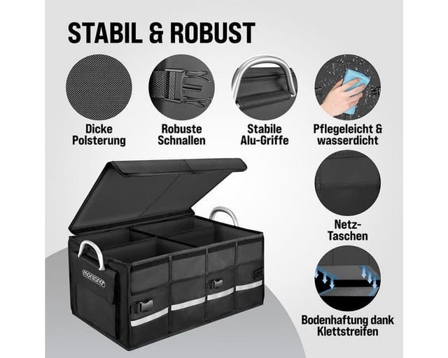 Kofferraumtasche Kofferraum Organizer Deckel 68L Trennwände wasserdicht faltbar verstärkte Wände rutschfest Auto Tasche 60x35x30cm schwarz - Monzana