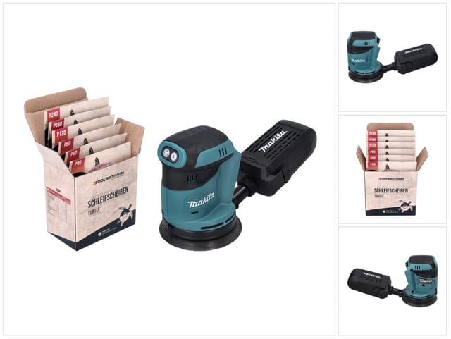 Makita dbo 180 z Akku Exzenterschleifer 18 v 125 mm + Toolbrothers turtle Schleifpapier Set - ohne Akku, ohne Ladegerät, Ideal für Heimwerker,