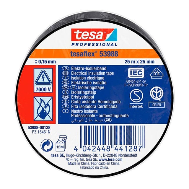 Schwarzes, zugelassenes Isolierband, 25 m x 25 mm, 53988 Tesa