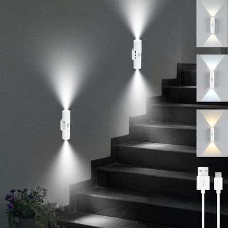 Tragbare Wandleuchte, Wiederaufladbare Magnetische Led-wandleuchte Mit Usb-anschluss, Bewegungsmelder-nachtlicht, Batteriebetriebene 3-farben-wandleuchte Für Treppenhaus, Wohnzimmer, Schlafzimmer (2 S