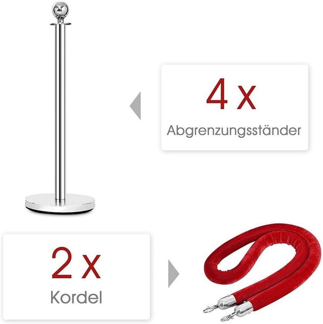 Costway - Personenleitsystem, 4 Abgrenzungsstaender mit 2 Kordeln, Absperrstaender Absperrpfosten Gurtpfosten Absperrung, Silber, Edelstahl