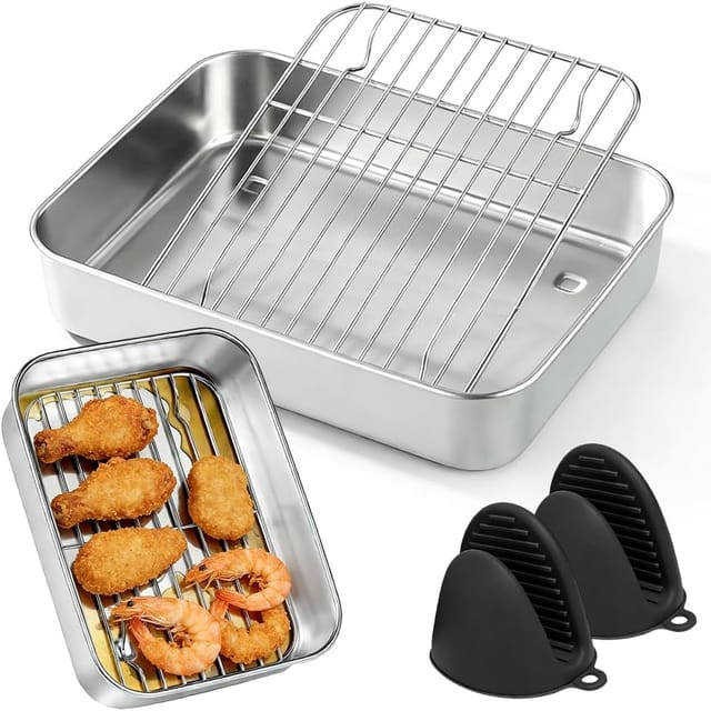 Quadratische Edelstahl-Gratinform für Airfryer – 20 x 15 x 5 cm – mit Abtropffläche und hitzebeständigen Griffen – Zubehör für Airfryer – für Ninja,