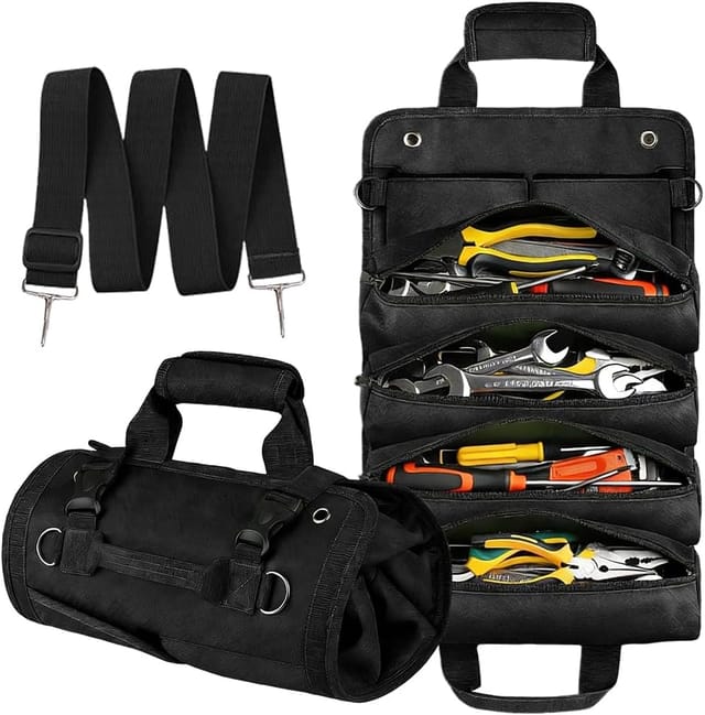 Werkzeugtasche zum Aufrollen – Geschenk für Männer – Schraubenschlüssel aus Canvas – Handgefertigtes Geschenk – Schwarz