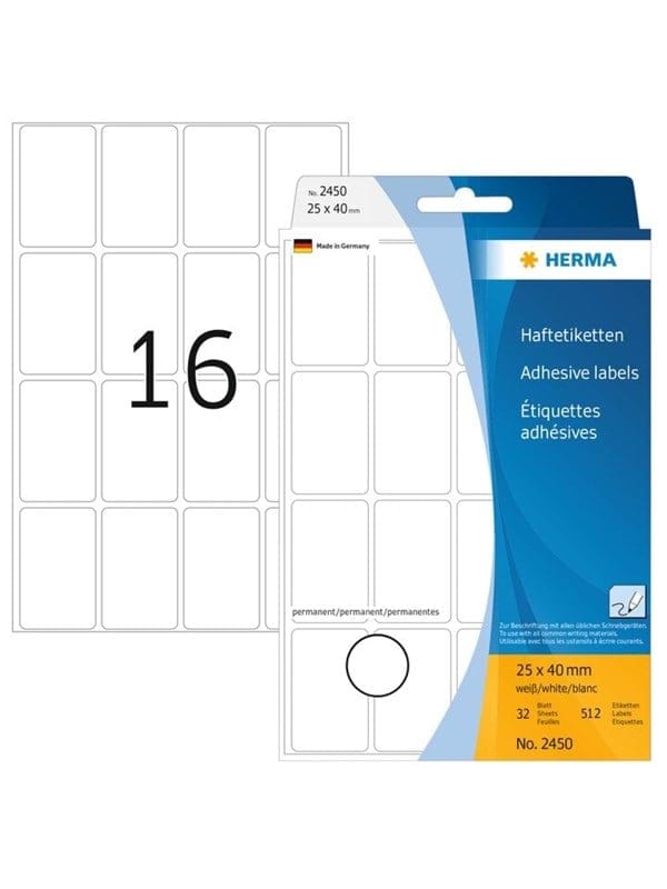 Herma - Universaletikett 25 x 40 mm (b x h) nicht wieder ablösbar Papier weiß 512 Etik./Pack.