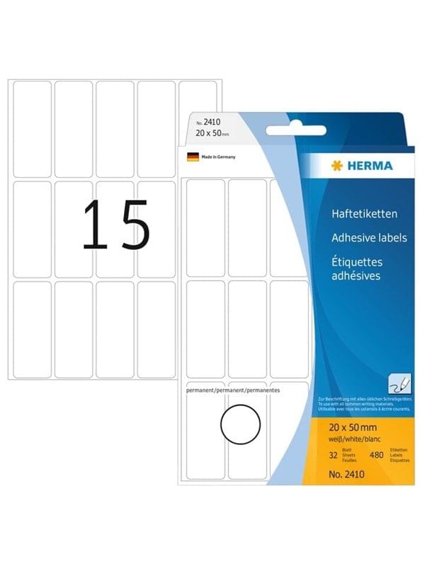 Herma - Universaletikett 20 x 50 mm (b x h) nicht wieder ablösbar Papier weiß 480 Etik./Pack.