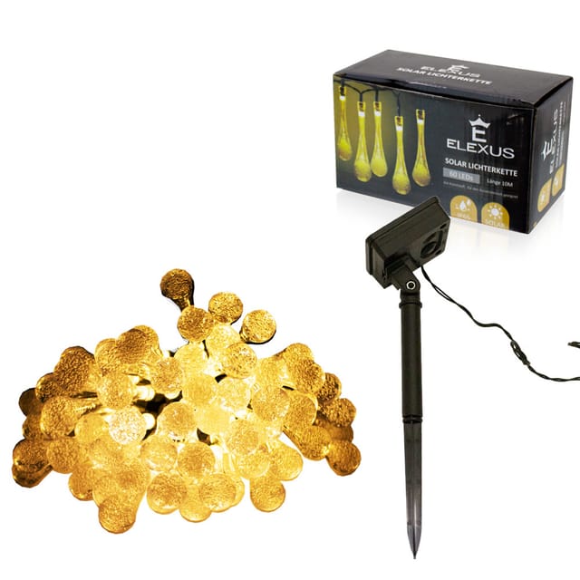Led Lichterkette Außen Garten Outdoor Solar 10 Meter 60 LED's Warmweiß IP65 Tropfen