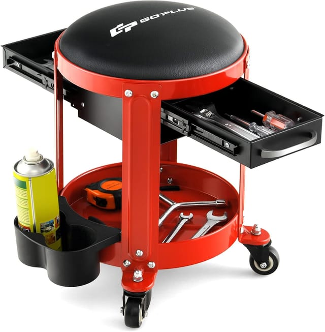 Costway Werkstatthocker, 150 Kg, Werkstattsitz Mit 2 Schubladen & Dosenhaltern & Ablage & Abnehmbarem Sitz, Arbeitshocker Mit Rollen, Garagenhocker Montagehocker Rollhocker, Rot