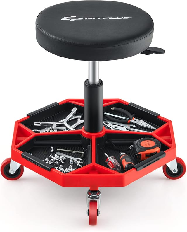 Werkstatt Rollsitz 150 Kg Belastbar, 41-55cm Höhenverstellbar, Werkstatthocker Mit Ablage & 4 Universalrollen, Arbeitshocker Für Werkzeug, Pneumatischer Rollhocker, Rot + Schwarz - Costway