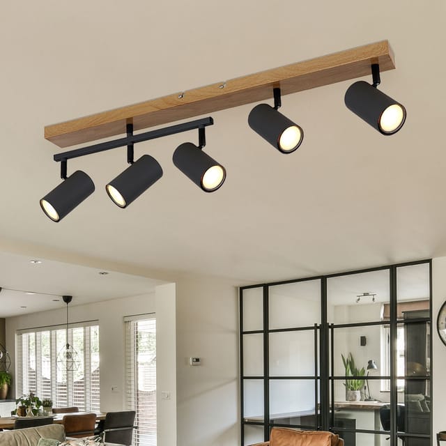Deckenleuchte Spots Holzoptik Esszimmer GU10 schwarz 5 Flammig drehbar Deckenlampe schwenkbar, Metall graphit, 5x GU10, LxBxH 70x35x17 cm
