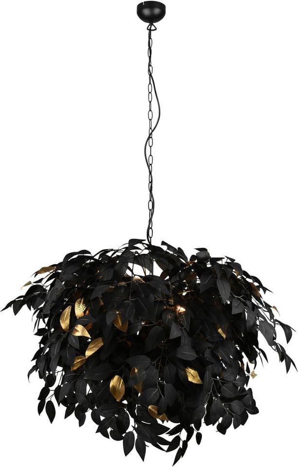 Große Pendelleuchte LEAVY mit Blätter Lampenschirm Schwarz Gold, Ø 70cm
