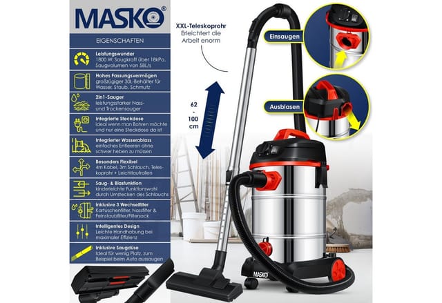 Industriestaubsauger Staubsauger Nass Trocken Sauger Edelstahl max. 1800W Rot - Masko