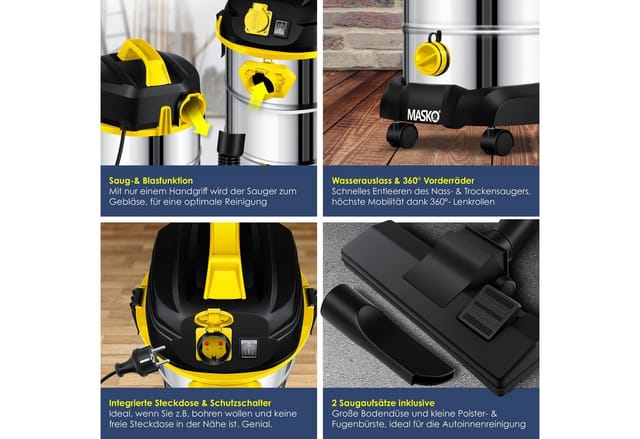 Industriestaubsauger Staubsauger Nass Trocken Sauger Edelstahl max. 1800W Farbe Industriesauger:Hepa Filter - Masko