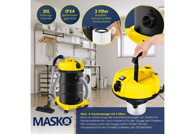 6IN1 Industriestaubsauger Staubsauger Nass Trocken Sauger Aschesauger 2300W + Steckdose Blasfunktion Trocken-Saugen & Nass-Saugen Gelb - Masko