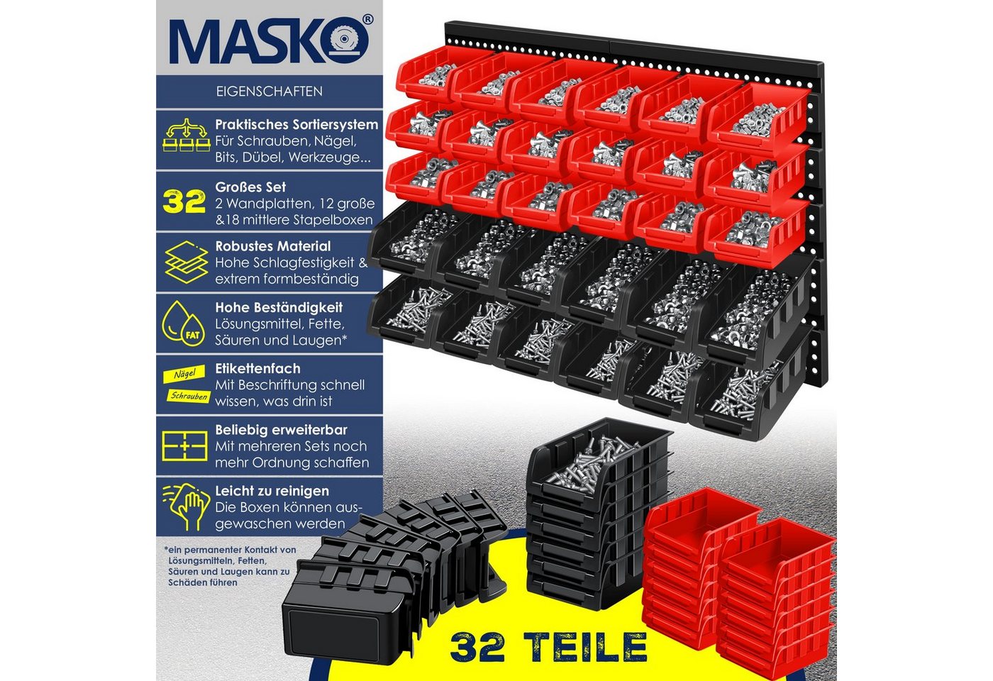 Stapelboxen Wandregal 32tlg Box Sichtlagerkästen Schüttenregal Steckregal Schwarz/Rot - Masko