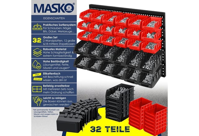 Stapelboxen Wandregal 32tlg Box Sichtlagerkästen Schüttenregal Steckregal Schwarz/Rot - Masko
