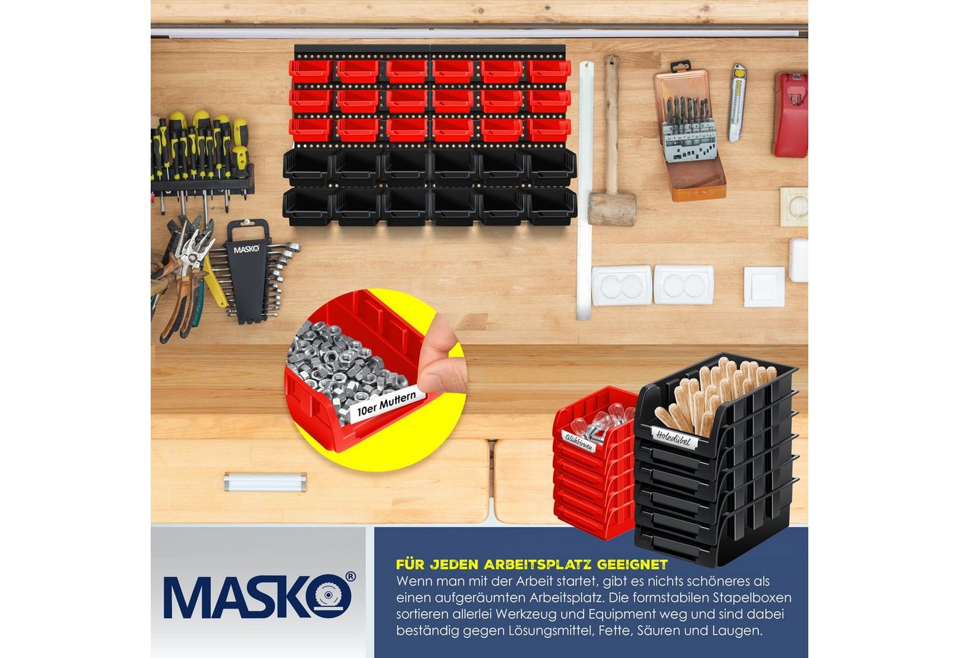 Stapelboxen Wandregal 32tlg Box Sichtlagerkästen Schüttenregal Steckregal Schwarz/Rot - Masko Bild 4