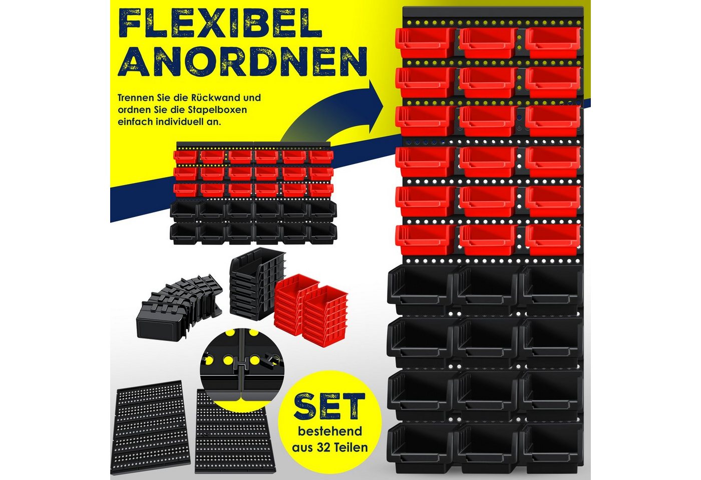 Stapelboxen Wandregal 32tlg Box Sichtlagerkästen Schüttenregal Steckregal Schwarz/Rot - Masko Bild 5