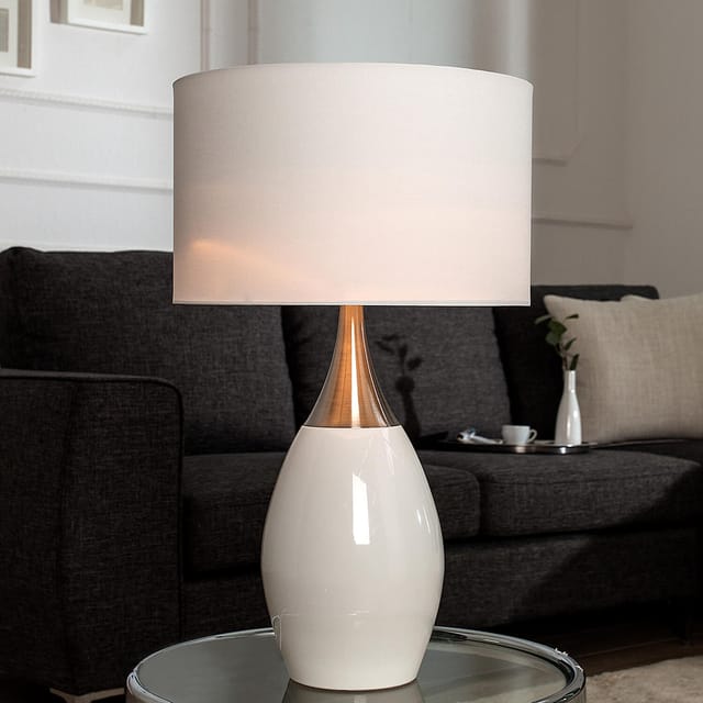 Tischleuchte E27 Weiß 60 cm Metall Stoff Nachttischlampe Tischlampe Schlafzimmer Wohnzimmer