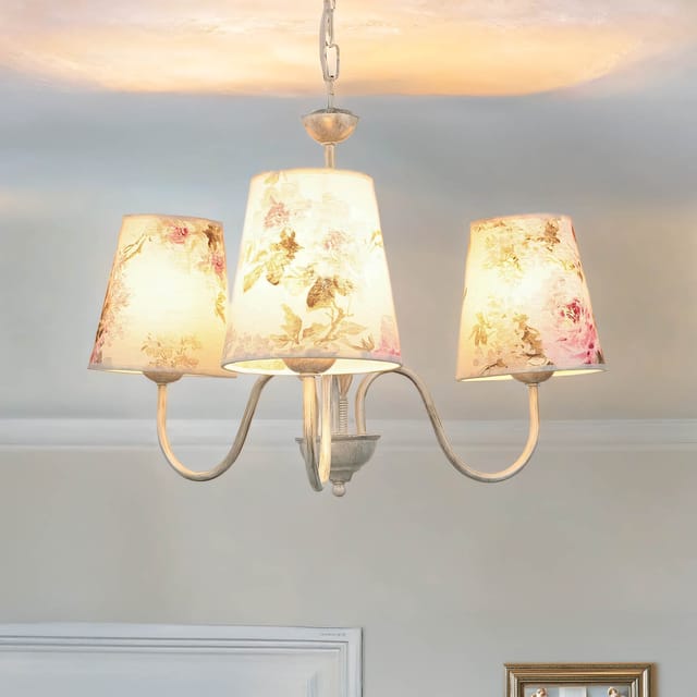 Licht-erlebnisse - Kronleuchter Stoff Metall Creme Weiß Rosa E27 Floral Landhaus Hängelampe Wohnzimmer