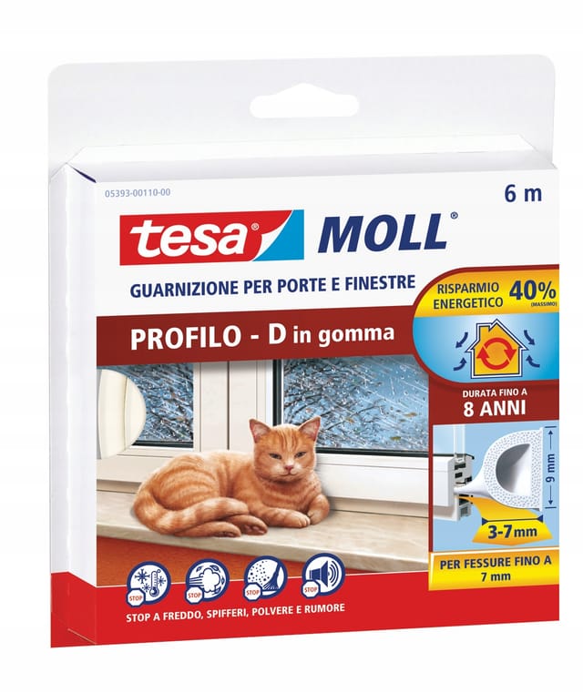 TESA Selbstklebende PVC-Gummidichtung für Fenstertür D-Profil weiß 6m