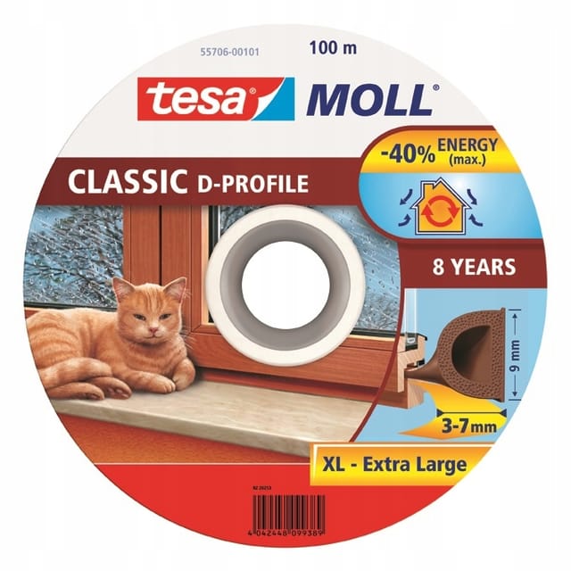TESA Selbstklebende Dichtung für Fenster und Türen, Gummi, D-Profil, braun, 100m x 9mm