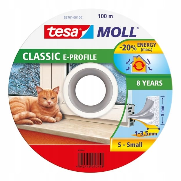 TESA Selbstklebende Dichtung für Fenster und Türen, Gummi, E-Profil, weiß, 100m x 9mm