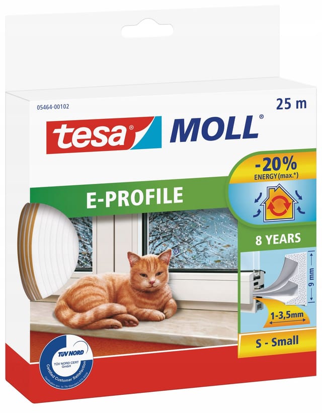 TESA Selbstklebende Gummidichtung für Fenster und Türen, E-Profil, weiß, 25m