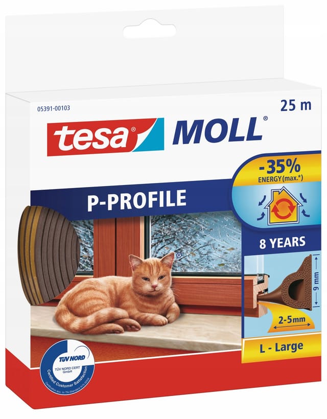 TESA Selbstklebende Gummidichtung für Fenster und Türen, P-Profil, braun, 25m