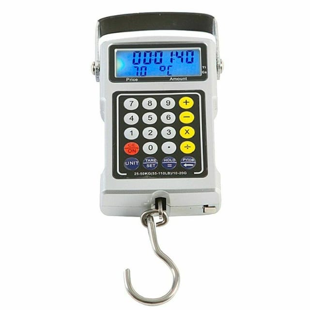 Aougo - Fischwaage, hintergrundbeleuchtetes LCD-Display, 50 kg Angelwaage mit Maßband, elektronische Waage, digitale Post-Angelhakenwaage