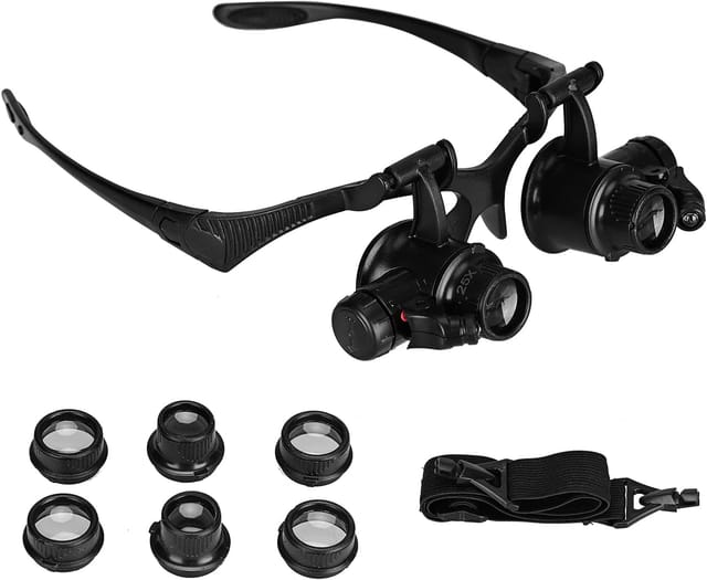 Frontlupe, Lupenbrille, Stirnband mit 4 abnehmbaren Linsen (10 x, 15 x, 20 x, 25 x), für die Arbeit, Lesen, Uhrmacher, Uhr, Juwelier, Schmuck,