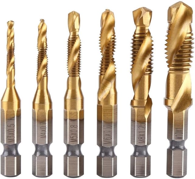 6-teiliges Gewindebohrer-Set, 1/4 Zoll Sechskantschaftschraube M3-M10, titanbeschichtete HSS-Bohr- und Gewindeschneidmaschine, Gewindebohrer-Bohrer