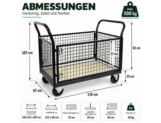 Gitterwagen Plattformwagen 500 kg 119x67x107cm Vierwandwagen Transportwagen Gitterrollwagen Bremse
