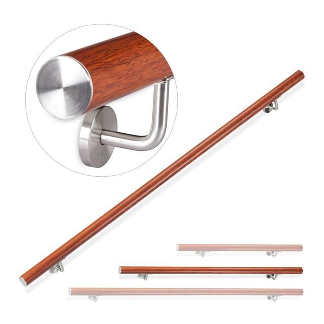 Relaxdays - Handlauf Aluminium, rund, Treppengeländer innen, außen, Eiche-Optik, 150 cm, ø 42mm, mit Wandhalterung, braun