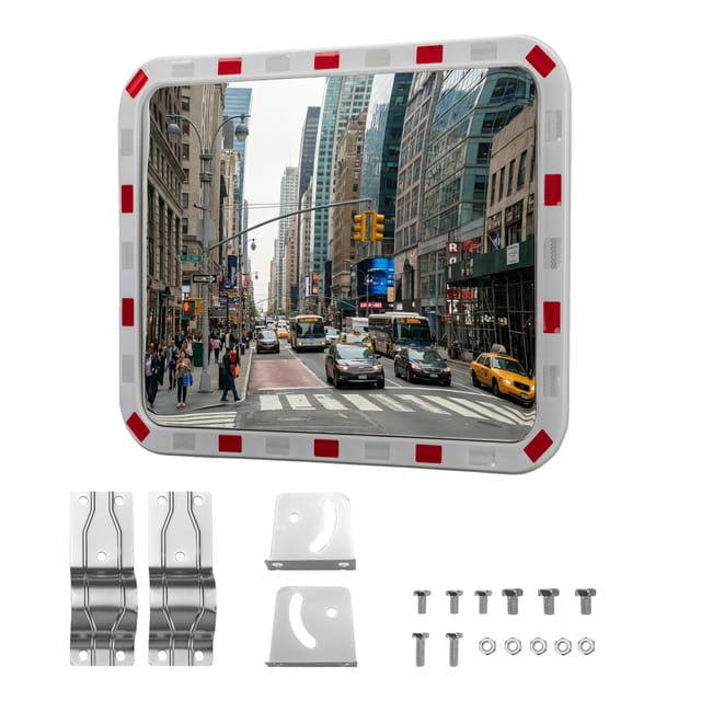 Wiltec Verkehrsspiegel 70 x 90 cm konvex, eckiger Sicherheitsspiegel mit rot-weißen Reflektorstreifen, bruchsicherer Konvexspiegel aus Kunststoff,