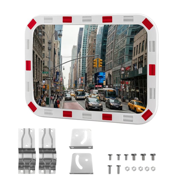 Verkehrsspiegel 50 x 70 cm konvex, eckiger Sicherheitsspiegel mit rot-weißen Reflektorstreifen, bruchsicherer Konvexspiegel aus Kunststoff,