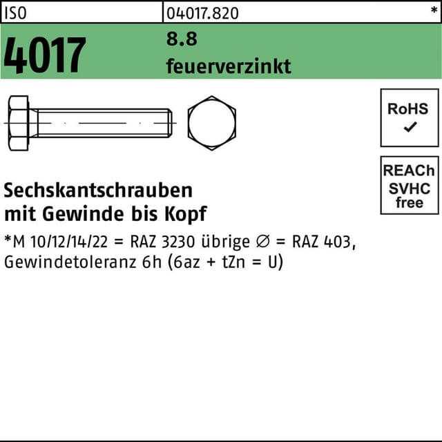 ISO 4017 Sechskantschraube VG M16x90 Stahl 8.8 feuerverzinkt 25 Stk