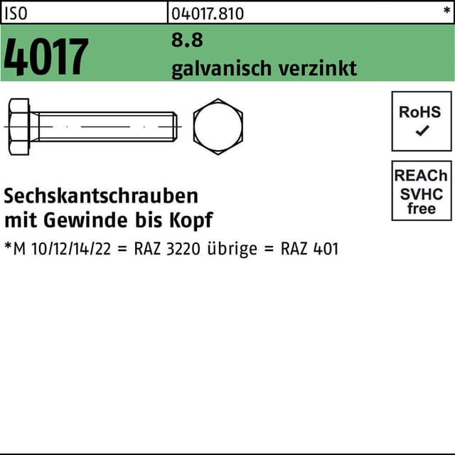 Sechskantschraube ISO 4017 VG M 14 x 60 8.8 galvanisch verzinkt