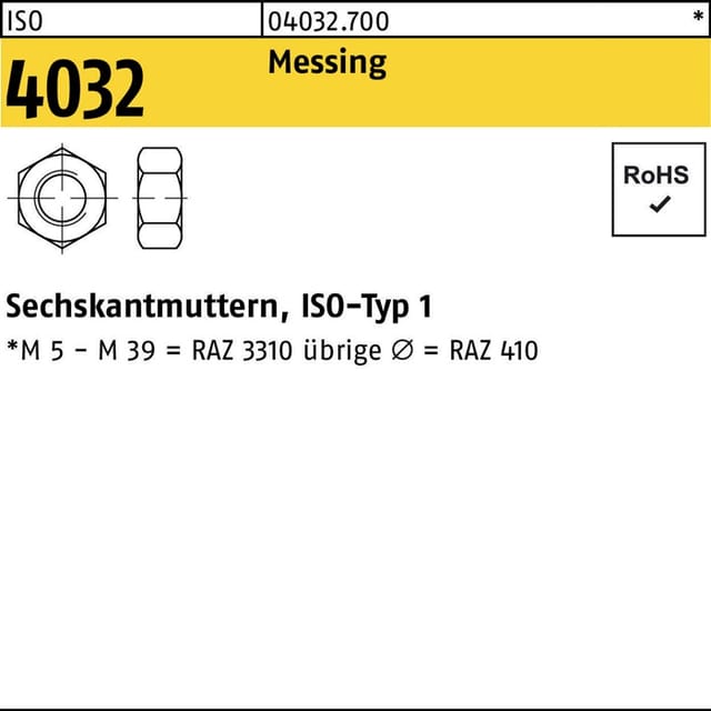 Sechskantmutter iso 4032 m 10 x 1,5 Messing blank 500 Stk
