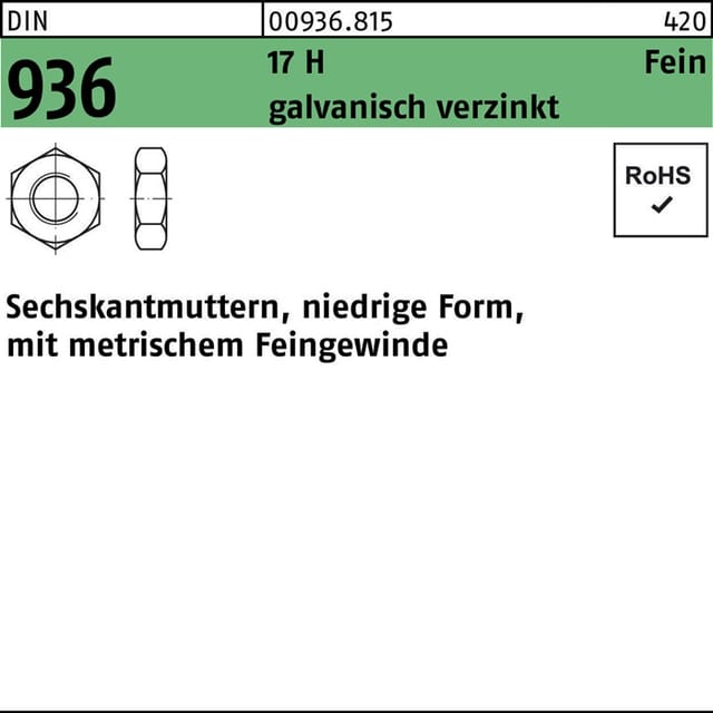 Sechskantmutter DIN 936 M 14 x 1,5 17 H galvanisch verzinkt