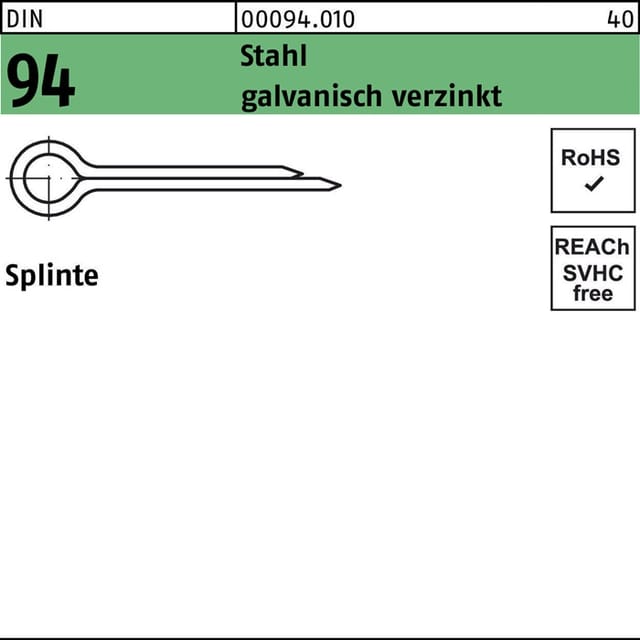 Splinte DIN 94 1 x 20 Stahl galvanisch verzinkt