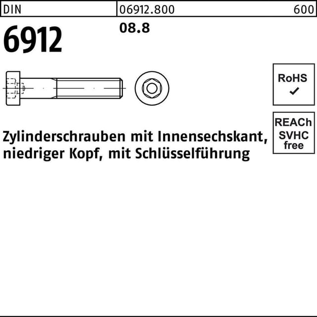 DIN 6912 Zylinderkopf-Schaftschraube niedrige Form M6x16 Stahl 8.8 blank ISK 500 Stk