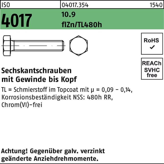 ISO 4017 Sechskantschraube VG M6x16 Stahl 10.9 zinklamellenbeschichtet 500 Stk
