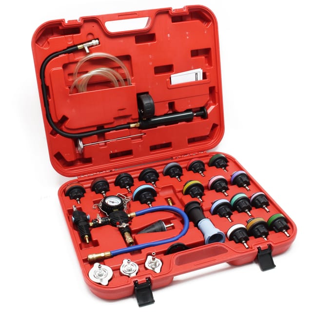 Universal Kühlsystemtester 27-teilig mit farbkodierten Kühlertestkappen & Testpumpe, Kühlsystementlüfter Kühlsystembefüller Kühlsystemprüfer - Wiltec
