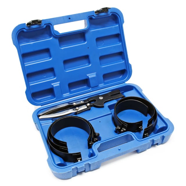 Wiltec - Kolbenringspannband Set mit 6 Spannbändern 73-111 mm, inkl. Spannzange und Koffer zum Zusammendrücken der Kolbenringe, zur Montage von Kolben