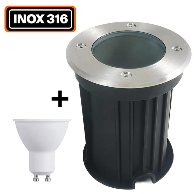 Bodeneinbaustrahler Rund Edelstahl 316 Außen IP65 + GU10 5W Glühbirne Warmweiß 2700K