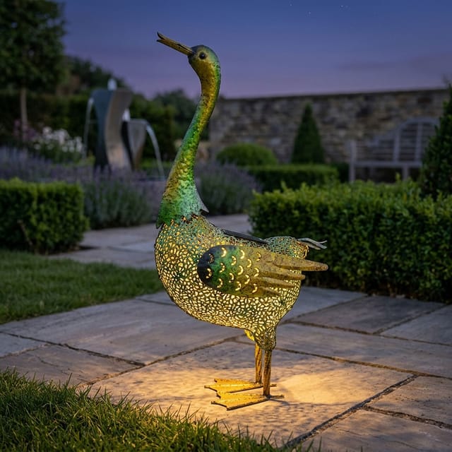 Gartenmeister - Solar Tiere Ente Gartenskulptur für Außen groß Gartendeko Figur, Metall grün gelb, 3x led 3800K, LxH 40x63 cm