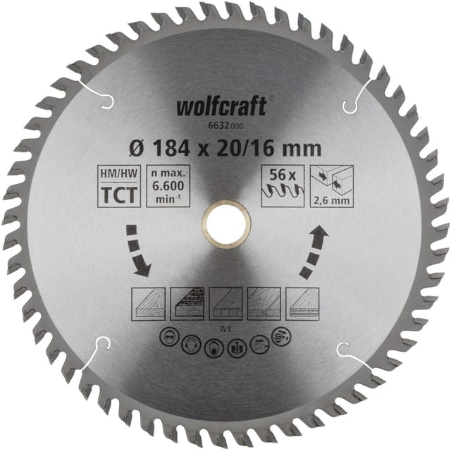Wolfcraft Kreissägeblatt 184 x 20/16 mm 56 Zähne Hartmetall Kreissägeblatt