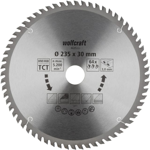 Wolfcraft Kreissägeblatt 235 x 30 mm 64 Zähne Hartmetall Kreissägeblatt